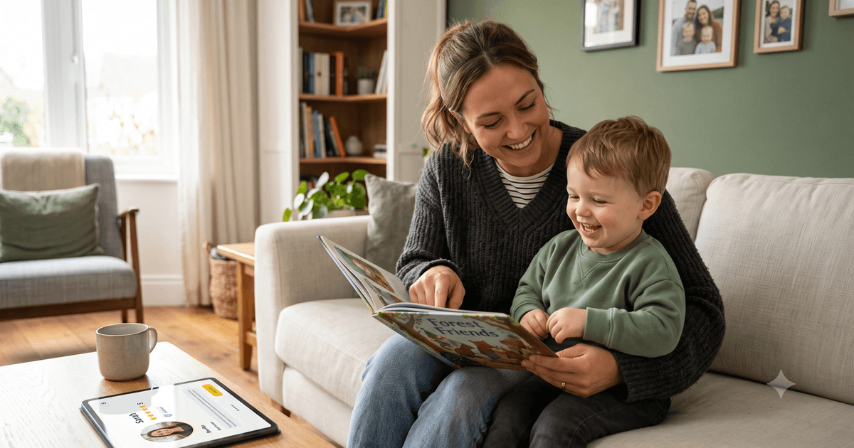 A Nest Sitters sitter reading a picture book with a smiling young child on a couch